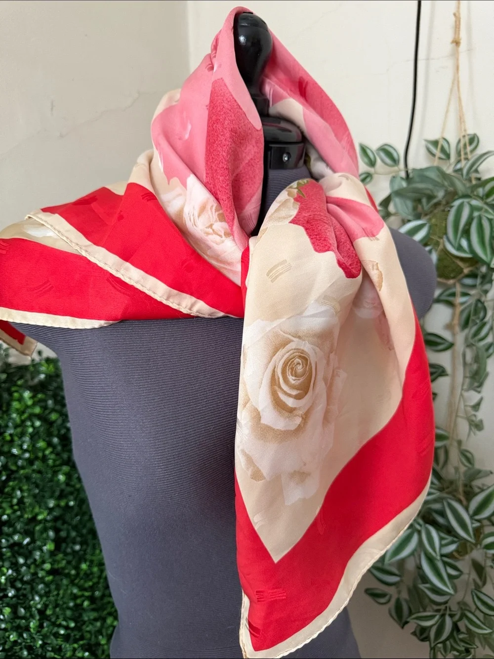 Red and Cream Floral Women's Scarf - Classic Silk-Feel Wrap
